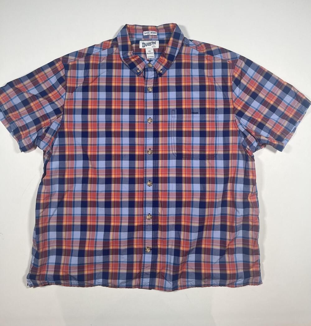 Duluth Trading Co Shirt Mens 2XL Blue Plaid Short Sleeve Button Front Casual
